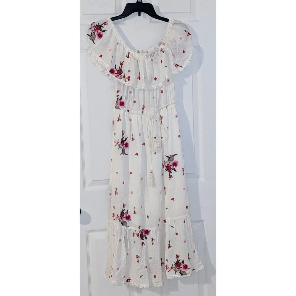 Lost + Wander‎ White Floral Embroidered Off Shoulder Maxi Dress Boho Tassel Sz S